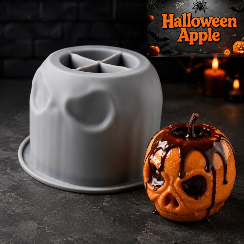 Candle Containers - แม่พิมพ์ซิลิโคนรูปหัวกะโหลกแอปเปิ้ลสำหรับฮาโลวีน ดีไซน์สร้างสรรค์ ทำจากซิลิโคนเกรดอาหาร ไม่ติดแม่พิมพ์และถอดออกได้ง่าย สามารถใช้ทำขนมอบหลากหลายชนิด มูส