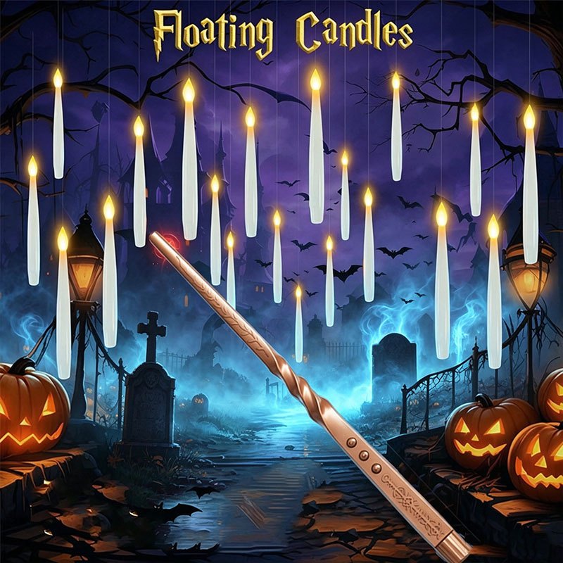 Silk Candle - เทียนลอยน้ำวิเศษพร้อมไม้กายสิทธิ์, เทียนแขวน LED ไร้เปลวไฟ, แสงสีขาวอบอุ่นที่กระพริบ, ใช้พลังงานจากแบตเตอรี่สำหรับตกแต่งฮาโลวีน
