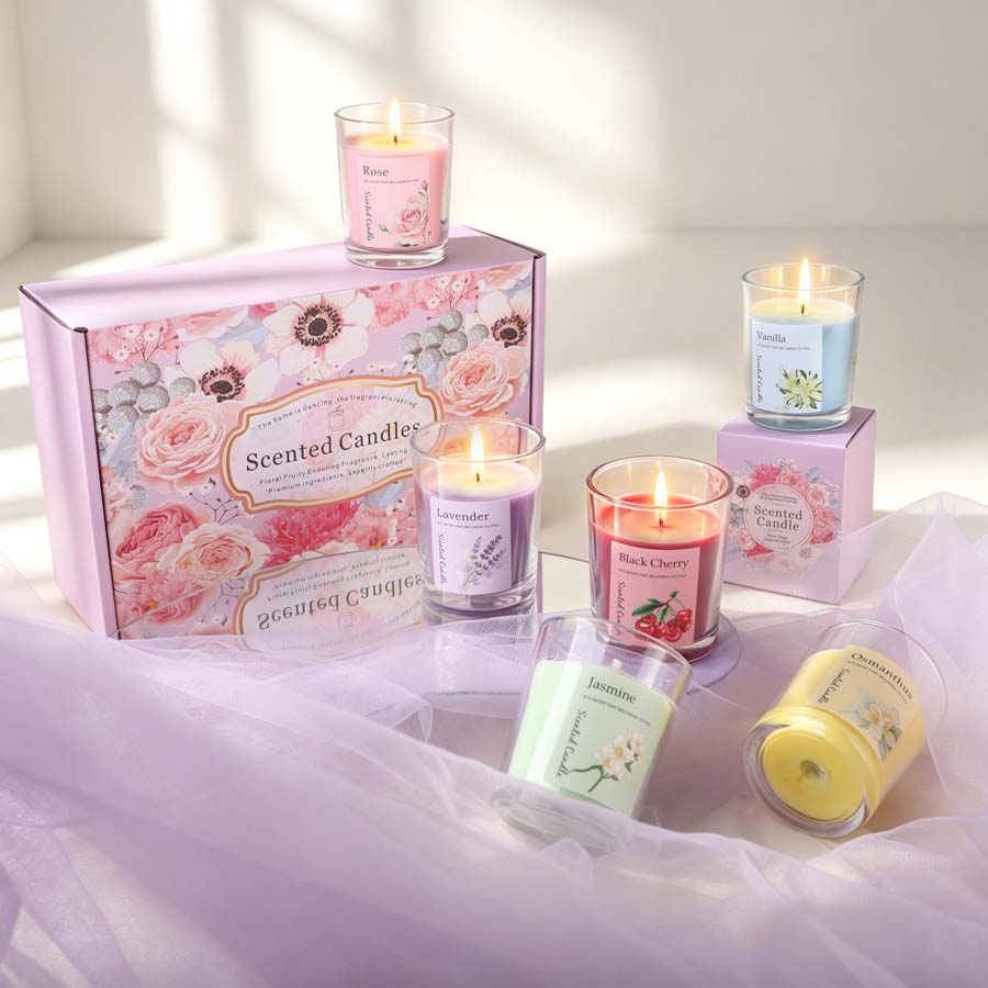 Candle Fragrance - ชุดของขวัญเทียนหอมอโรมาเธอราพี 6 กลิ่นที่แตกต่างกัน เทียนในขวดแก้วสำหรับห้องนอน งานแต่งงาน และของขวัญงานปาร์ตี้